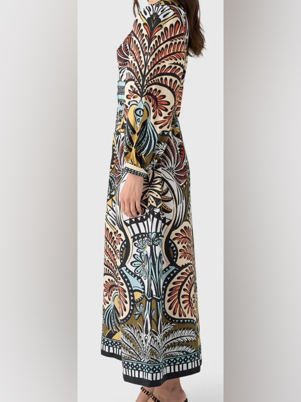 FARM Rio Warm Blue /Tan Multi Long Volume Sleeve Maxi Dress: Small - Picture 8 of 16